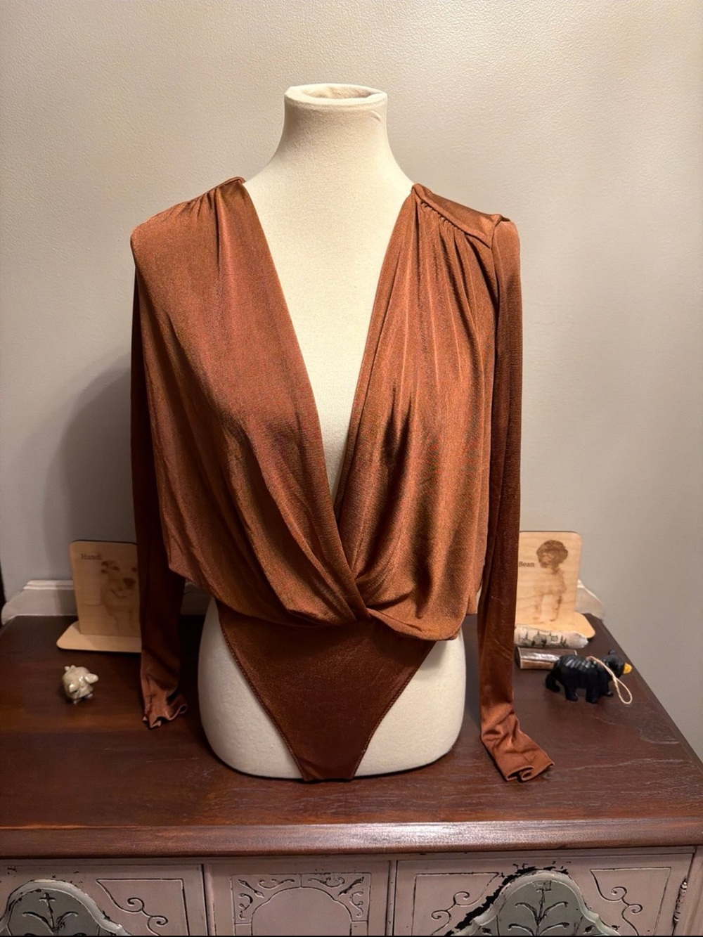 Free People Copper Brown Long Sleeve Draped Bodysuit